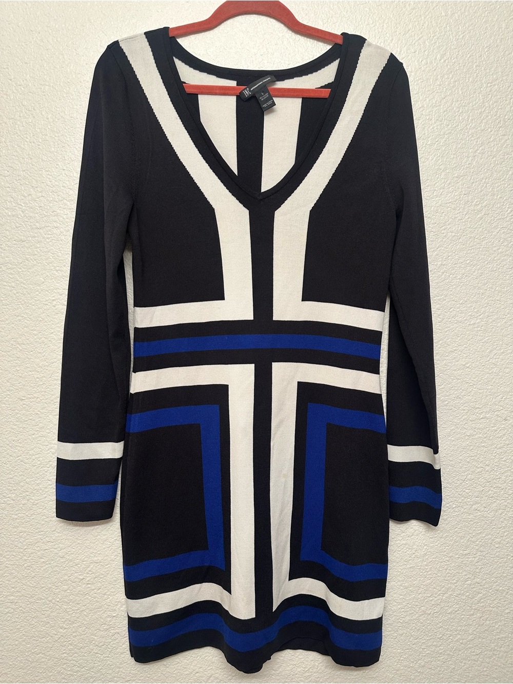 INC International Concepts Black, White & Blue Geometric V-Neck Dress